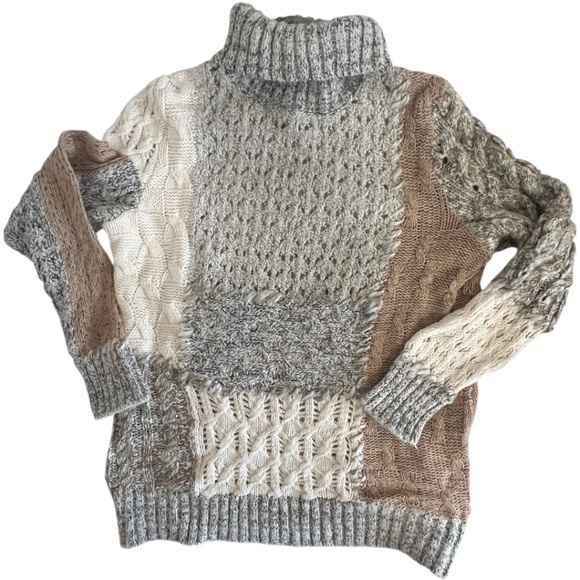 ColdWater Creek Patchwork Turtle Neck Chunky Open Knit Sweater SZ XL 16. Cozy - Picture 1 of 11